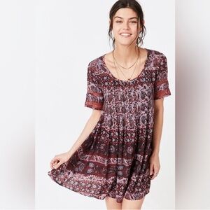 Ecote Red Purple Pleated Boho Short Sleeve Tunic Mini Dress, Women's Medium